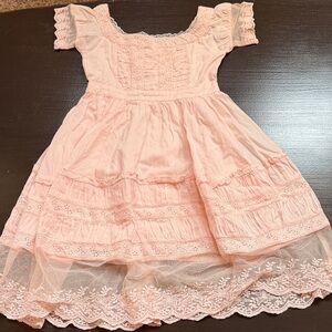 Girls' Light Pink Lace-Trim Casual Dress